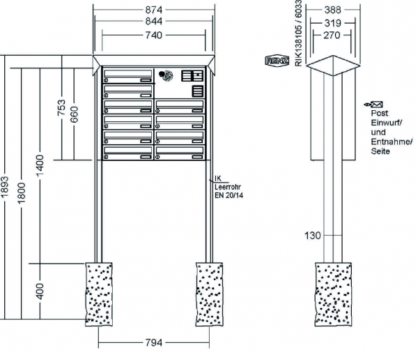 RENZ Briefkastenanlage freistehend, PRISMA, Edelstahl V4A, Kastenformat 370x110x270mm, mit Klingel - & Lichttaster und Vorbereitung Gegensprechanlage, 10-teilig, zum Einbetonieren